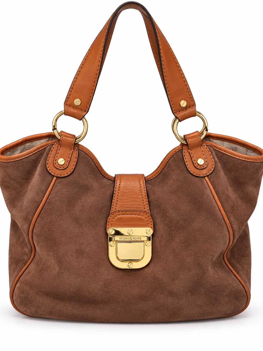 Michael Kors Brown Suede Shoulder Bag with Tan Leather Trim and Gold Hardware